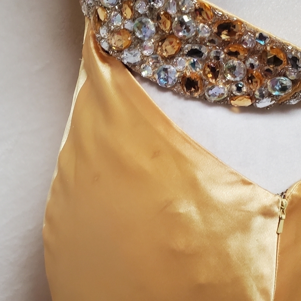 Vintage Beyond Jovani Yellow Charmeuse Shimmer V-neck Beaded Backless Maxi Dress - Picture 15 of 16